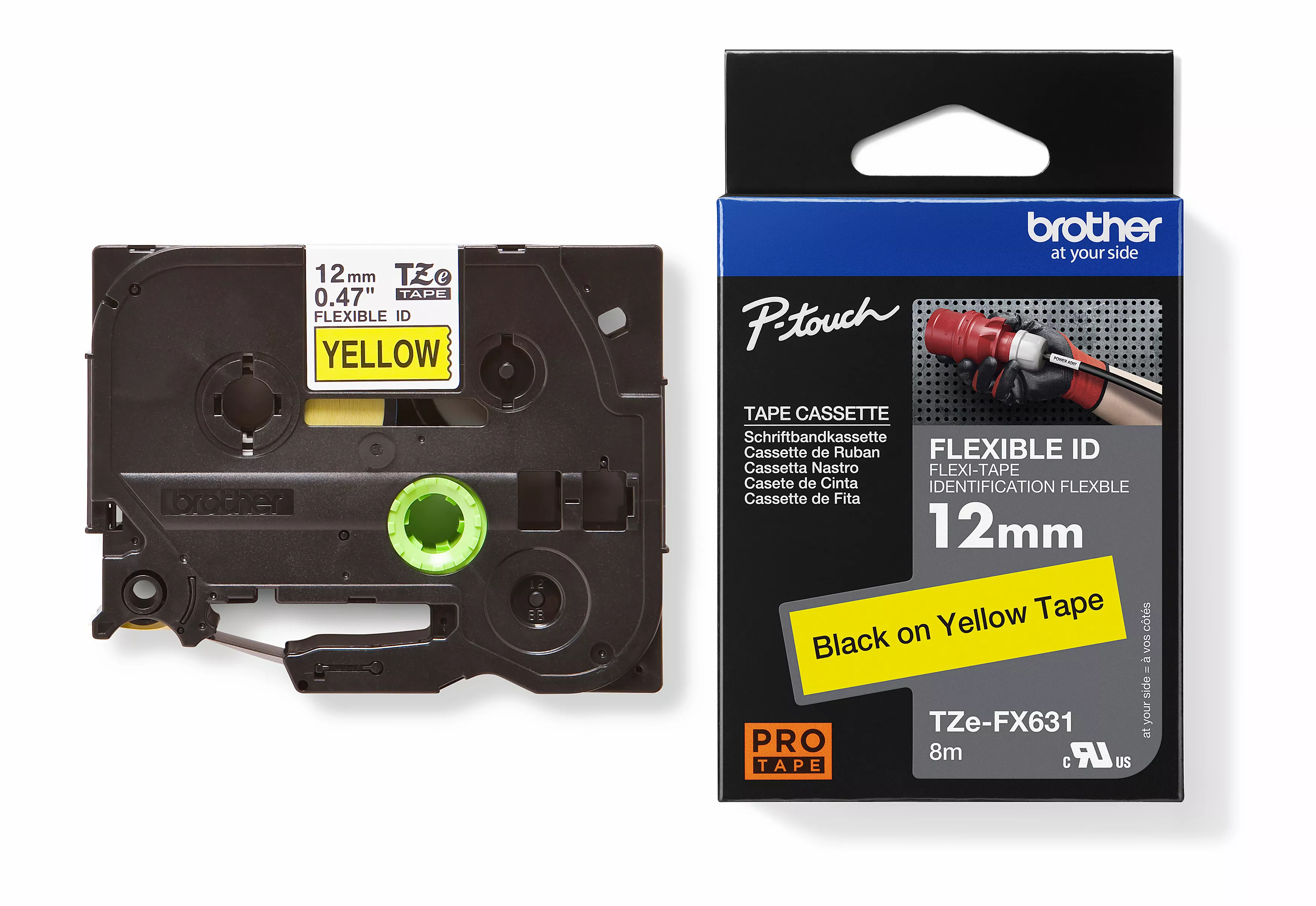 Brother Genuine TZe-FX631 Flexible ID Tape - 12mm Black on Yellow 