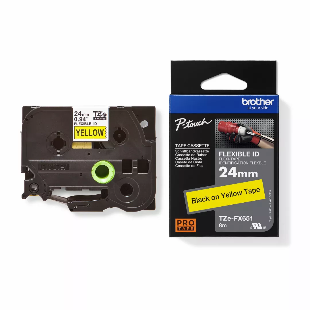 Brother Genuine TZe-FX651 Flexible ID Tape - 24mm Black on Yellow