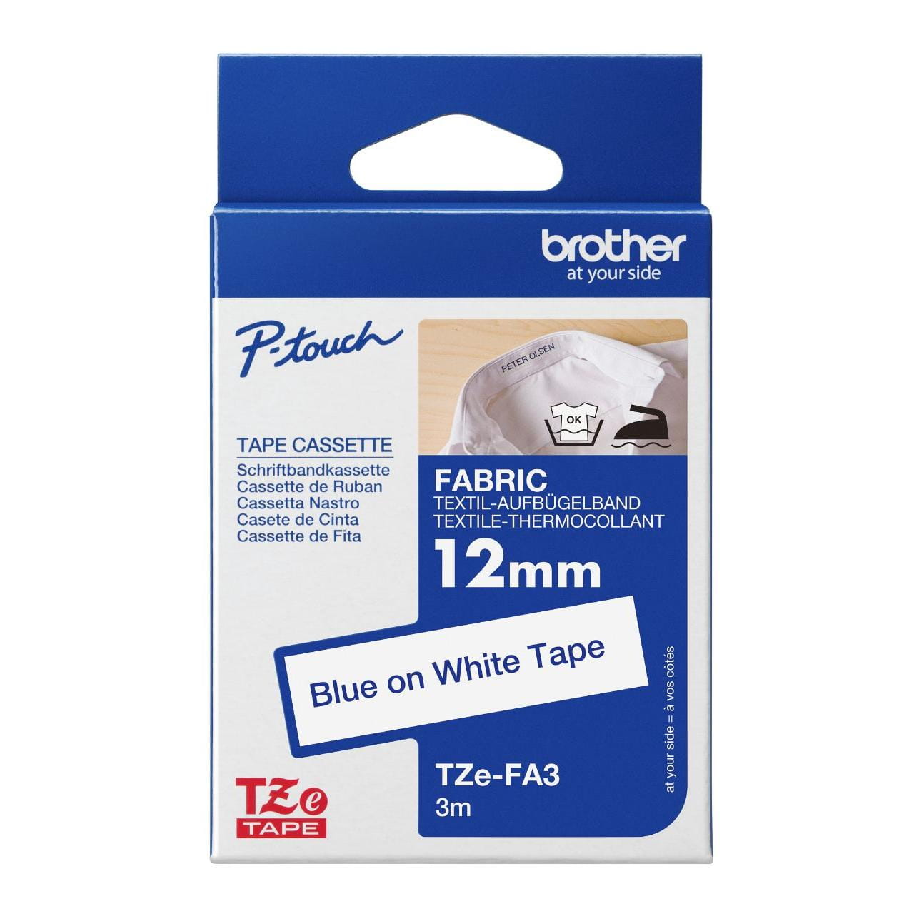 TZe-FA3 Iron on Fabric Tape (Blue on White) | Brother Australia