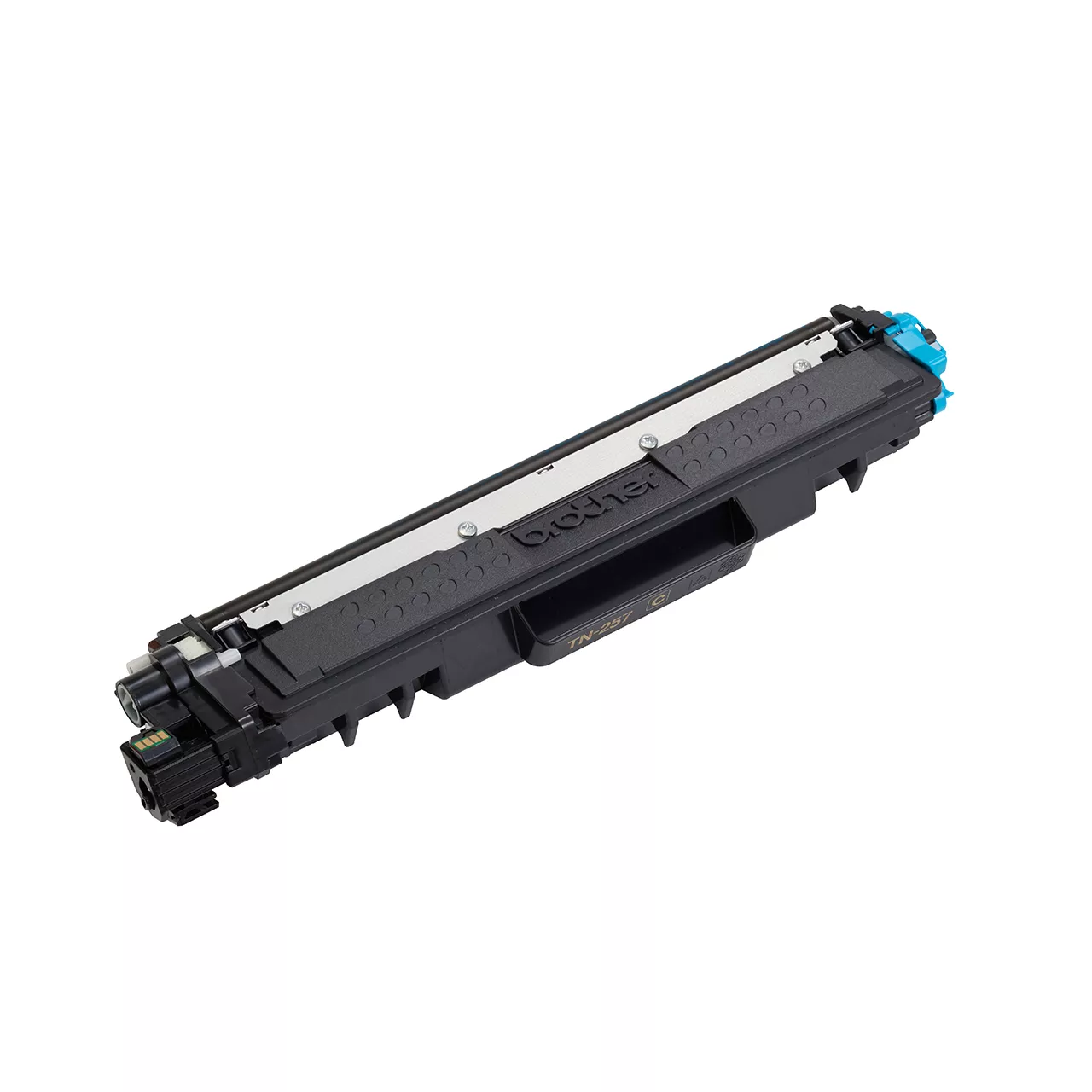 cyan high yield toner cartridge tn257 out of carton facing right.