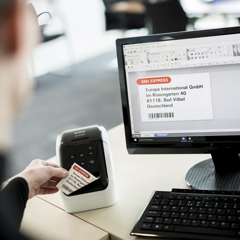 red and black coloured label with brother ql-810w