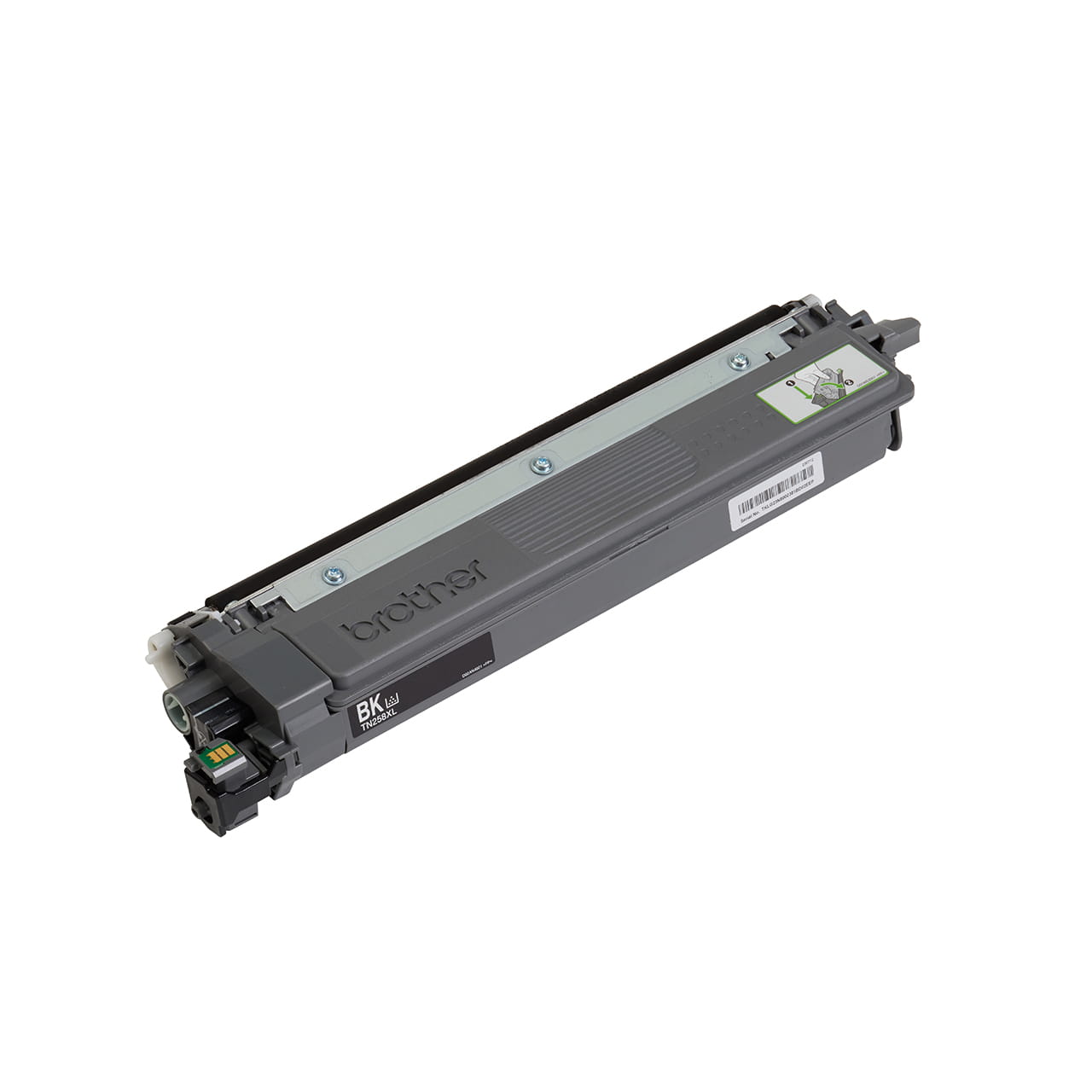 black high yield toner cartridge tn258xl out of carton facing right.