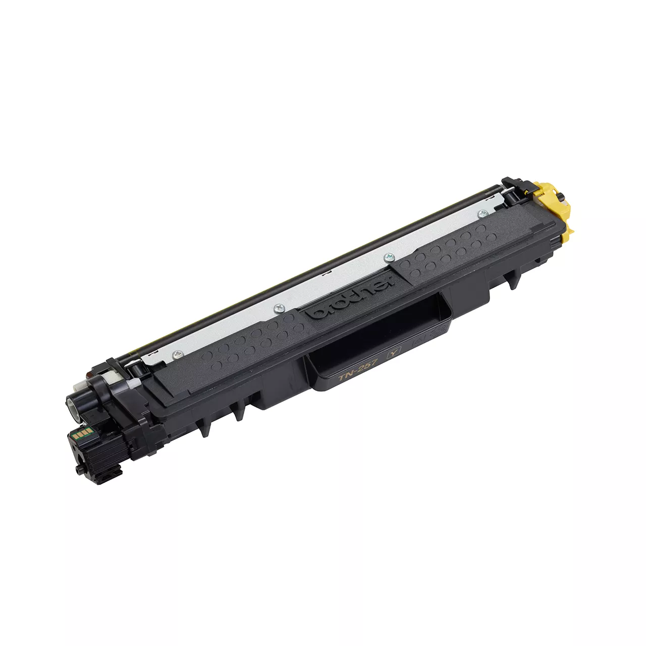yellow high yield toner cartridge tn257 out of carton facing right.