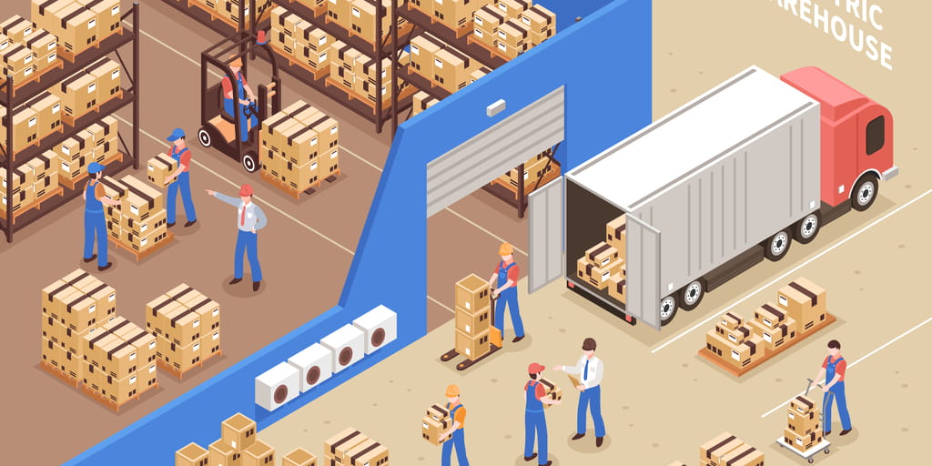 A diagram of a functioning and efficient warehouse floor depicting a truck, pallets and workers packing stock.
