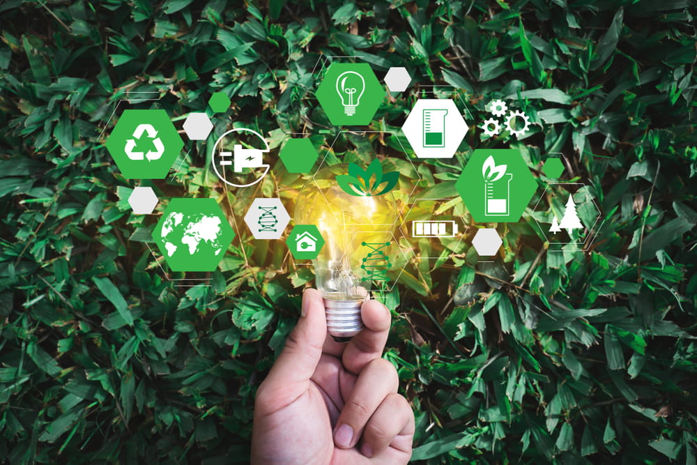 A hand holding a light bulb with green icons and on top of grass.