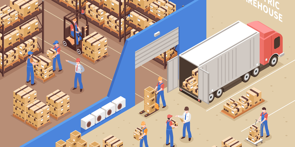 A diagram of a functioning and efficient warehouse floor depicting a truck, pallets and workers packing stock.